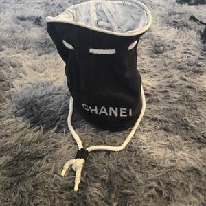 Chanel Precision VIP Gift Bag Black Canvas Drawstring Bucket Bag Crossbody